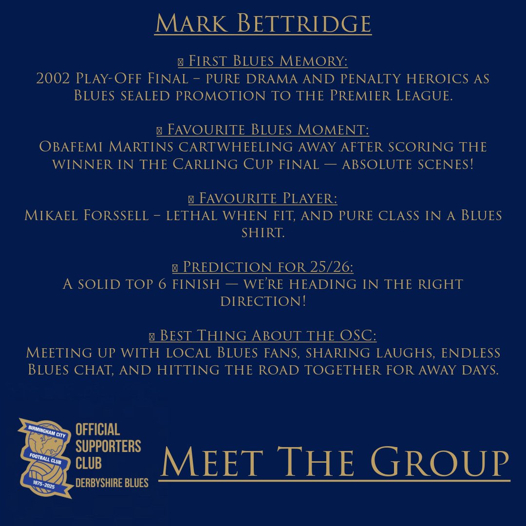 MEET THE GROUP: <a href="/MarkBettridge/">Mark Bettridge</a> 

Next up in our series is Mark, our Assisting Branch Leader!
From Forssell to Martins, Mark’s Blues journey is full of top moments and he’s always up for a laugh, a chat, and an away day or two! Check out his Blues Story 👇
#BCFC #DerbyshireBlues