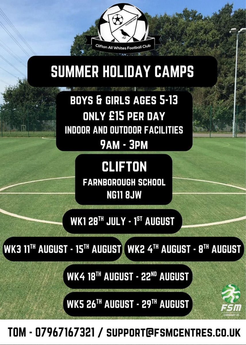 Clifton All Whites FC (@cawfc1963) on Twitter photo ⚽️ CLIFTON ALL WHITES SUMMER CAMPS ⚽️
Fun-packed football days with indoor & outdoor facilities – perfect for burning energy & building skills this summer! ☀️
📞 Tom: 07967167321
📧 support@fsmcentres.co.uk
#CliftonAllWhites #FootballCamp #KidsFootball #Nottingham #Summer2025 ⚽️ CLIFTON ALL WHITES SUMMER CAMPS ⚽️
Fun-packed football days with indoor & outdoor facilities – perfect for burning energy & building skills this summer! ☀️
📞 Tom: 07967167321
📧 support@fsmcentres.co.uk
#CliftonAllWhites #FootballCamp #KidsFootball #Nottingham #Summer2025