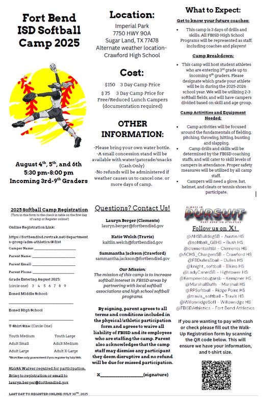 Come join the fun. See you all this evening at our FBISD Softball camp!!!