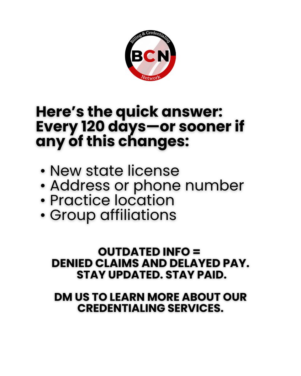 bcnnetwork21's tweet image. Did you watch today’s Messy Monday?
CAQH needs updates every 120 days.
Changed address? New license?
Update or risk denied claims.
DM us if you’re tired of chasing credentials.

#MessyMondays #CAQH #CredentialingTips