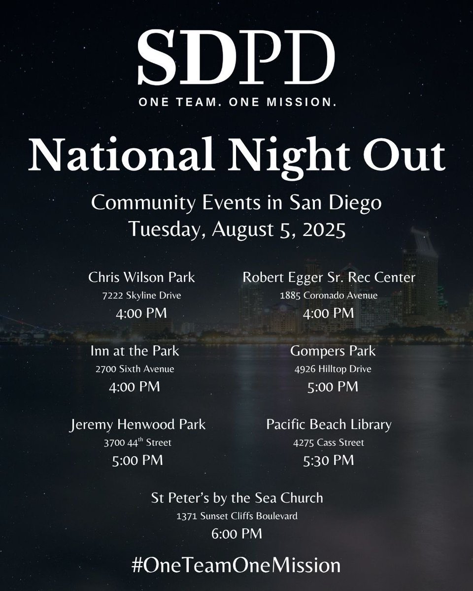 Come hang out with your SDPD officers at National Night Out!

Grab a sticker, say hello, and let us know what's important to you.

When we say One Team, One Mission — the community is part of that team. Let's keep working together to make our neighborhoods safer!
