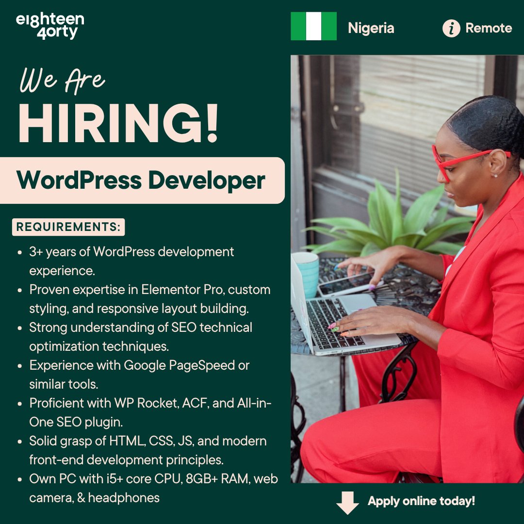 1840andCompany's tweet photo. we are seeking a skilled WordPress Developer to join our team in Nigeria, with deep experience in Elementor, on-page SEO optimization, and performance.
Learn more and apply here ๐ https://t.co/qhddLPA3Of
#Remotework #Freelancing #WordPresDeveloper #Nigeria #JoinOurTeam https://t.co/YrGFkVKRDT