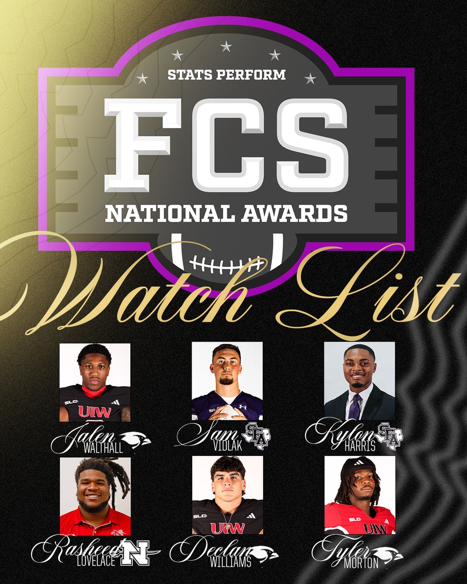Southland Conference (@southlandsports) on Twitter photo All eyes on them๐
Six Southland football players have been named to the <a href="/OptaAnalystFCS/">FCS Football</a> National Awards Watch List. All eyes on them๐
Six Southland football players have been named to the <a href="/OptaAnalystFCS/">FCS Football</a> National Awards Watch List.