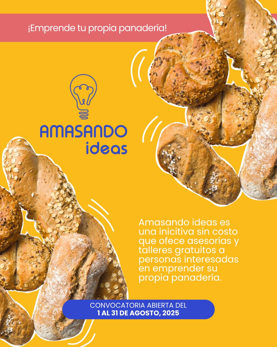 Inscríbete HOY y lleva tu pasión por el pan al siguiente nivel:
👉 bit.ly/3GVi2Cd  
¡La tercera generación de #AmasandoIdeas ha llegado y estamos buscando los proyectos más innovadores en panaderías! 🍞✨