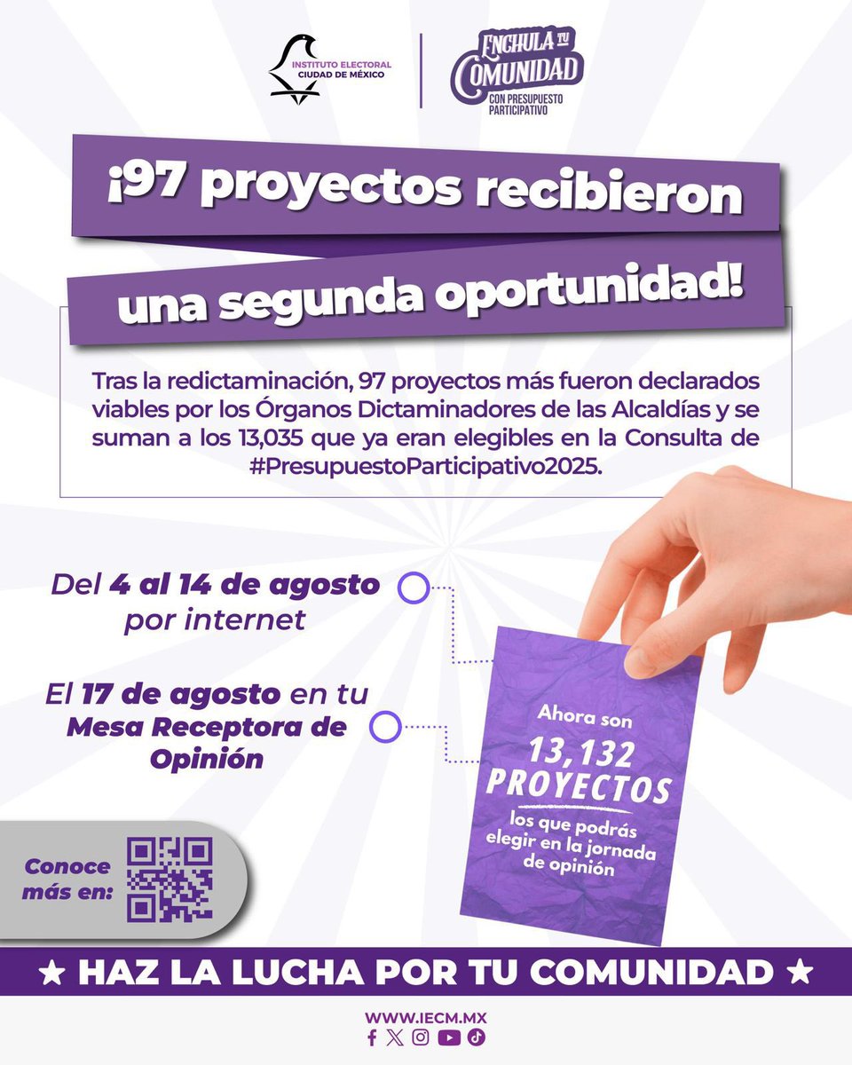 ¡Consulta los proyectos propuestos para tu colonia!
Revisa cuál te convence más y guarda su número de identificación: lo necesitarás para participar.
Puedes opinar en línea del 4 al 14 de agosto, o acudir el 17 a la jornada presencial.
🔎Más información en iecm.mx