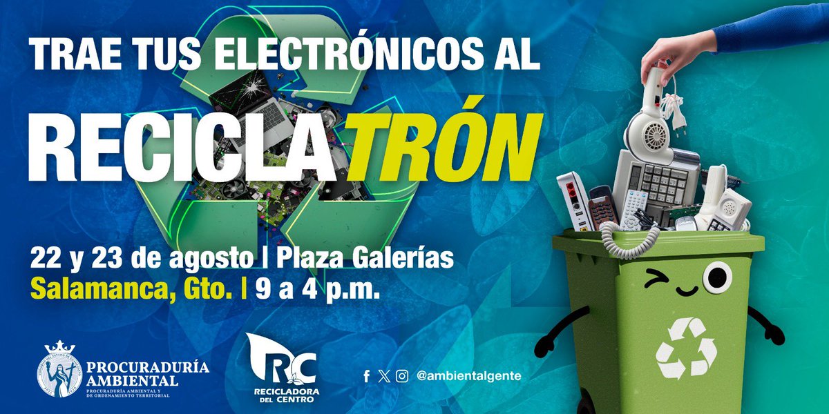 ¿Sabías que los residuos electrónicos pueden contaminar el suelo y el agua? 🌱💧
Ayúdanos a prevenirlo trayendo tus aparatos viejos al RECICLATRÓN 📟🖥️

📅 22 y 23 de agosto | 🕘 9 a.m. - 4 p.m.
📍 Plaza Galerías, Salamanca, Gto.