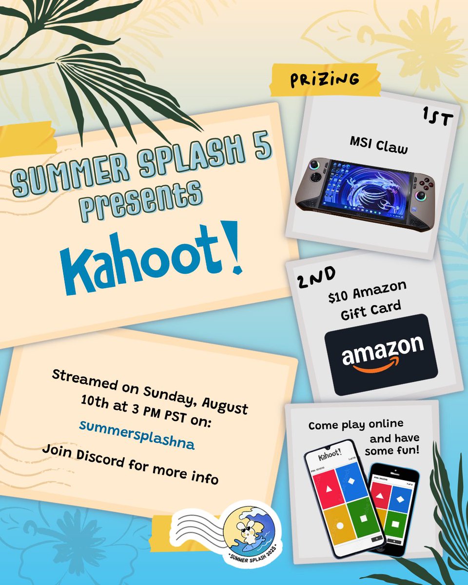 Miss the feeling of being on that podium? Study up and get ready for game trivia, because we’re hosting a Kahoot!

Prizing 🎁
1st: Claw 7 AI+ Handheld
2nd: $10 Amazon Giftcard

Tune into twitch.tv/summersplashna at 3pm on August 10th to participate! 

Graphic by @ miatz.mizat (IG)