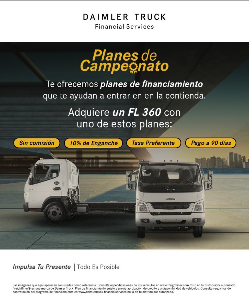 🚛 ¿Buscas renovar tu unidad o crecer tu flota?
Con Daimler Truck Financial Services México puedes estrenar un FL 360 eligiendo el plan que más te convenga:
🔹 Sin comisión
🔹 10% de enganche
🔹 Tasa preferente
🔹 Pago a 90 días
Tú decides cómo avanzar, nosotros te respaldamos 💪🏻