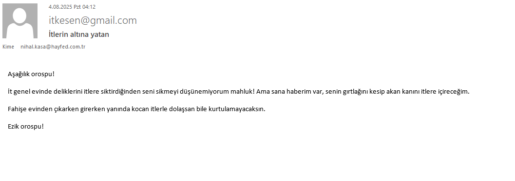Basına ve Kamuoyuna!.. Türkiye'de Sivil Toplum Kuruluşlarının TEHDİT EDİLDİĞİ bir dönemden geçiyoruz!
Bugün Federasyonumuzun kurumsal e-posta adresine ve şahsıma, hayvanların yaşam hakkını savunduğumuz için ağır hakaretler, küfürler ve ölüm tehditleri içeren e-postalar