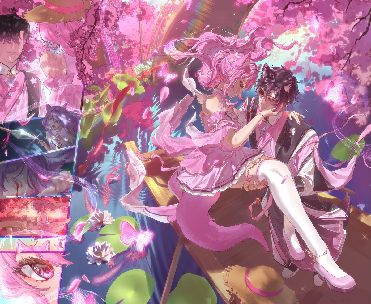 "Beneath a cascade of cherry blossoms, a gentle Huli Jing and her beloved share a tender moment. Where hearts drift like petals on water." 🌸

Art con entry for <a href="/DemiiiPinkFox/">˚ʚ♡🌸Demi🌸♡ɞ˚ 🩷 (ART CON 📌)</a> <a href="/PinkReniy/">⊱✶ Ren ✶⊰ 🩷 (ART CON 📌)</a> #RenemiAC2
This took me so much time 😭 (56.9 hours!) I hope you like it! Details in reply👇