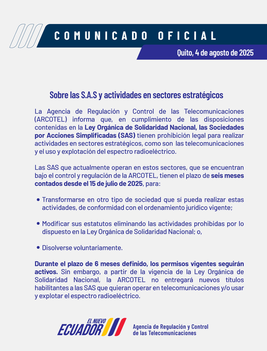 Arcotel_ec's tweet photo. 📌#ARCOTELInforma | sobre las S.A.S: https://t.co/Xw31NGecRi