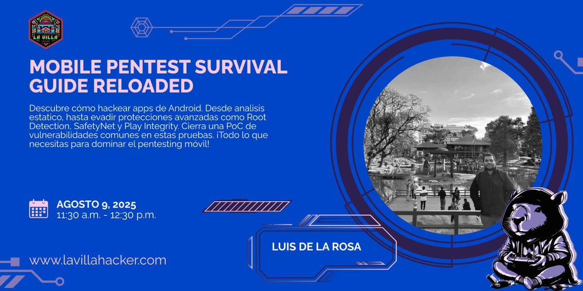 Luis (@m41w4r31) on Twitter photo I'll be speaking at La Villa Hacker during DEFCON 33!
My talk Mobile Pentest Survival Guide Reloaded covers Android hacking, bypassing SafetyNet & Play Integrity, and real vulns.
📅 Aug 9, 11:30am – Vegas
Big thanks to <a href="/lavillahacker/">lavillahacker</a> & <a href="/bishopfox/">Bishop Fox</a>!
#DEFCON #MobileSecurity I'll be speaking at La Villa Hacker during DEFCON 33!
My talk Mobile Pentest Survival Guide Reloaded covers Android hacking, bypassing SafetyNet & Play Integrity, and real vulns.
📅 Aug 9, 11:30am – Vegas
Big thanks to <a href="/lavillahacker/">lavillahacker</a> & <a href="/bishopfox/">Bishop Fox</a>!
#DEFCON #MobileSecurity