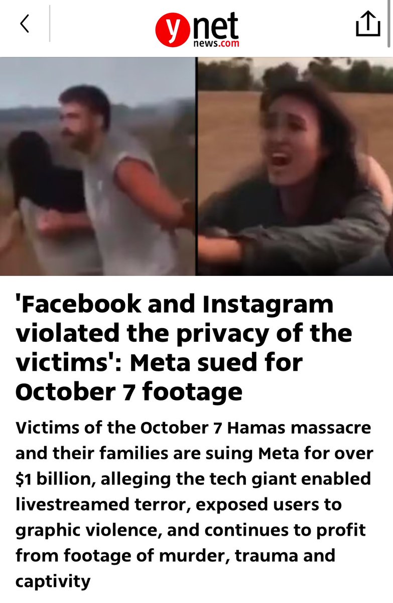 🚨BREAKING: MASSIVE LAWSUIT SLAMS META OVER OCTOBER 7 LIVESTREAMED TERROR🚨

On October 7, Hamas used Facebook and Instagram to broadcast mass murder live, and Meta LET IT HAPPEN.

A teenage girl was executed on camera. Hostages were forced to beg for their lives at gunpoint.