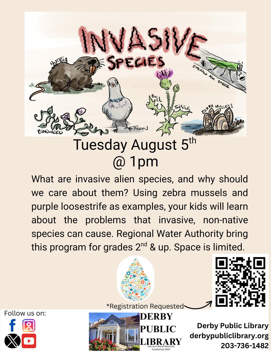 Tues. Aug. 5 @ 1PM
What are invasive alien species, and why should we care about them?  Your kids will learn about the problems that invasive, non-native species can cause. Regional Water Authority event for grades 2 &amp; up. REGISTER: bit.ly/4lfkn97