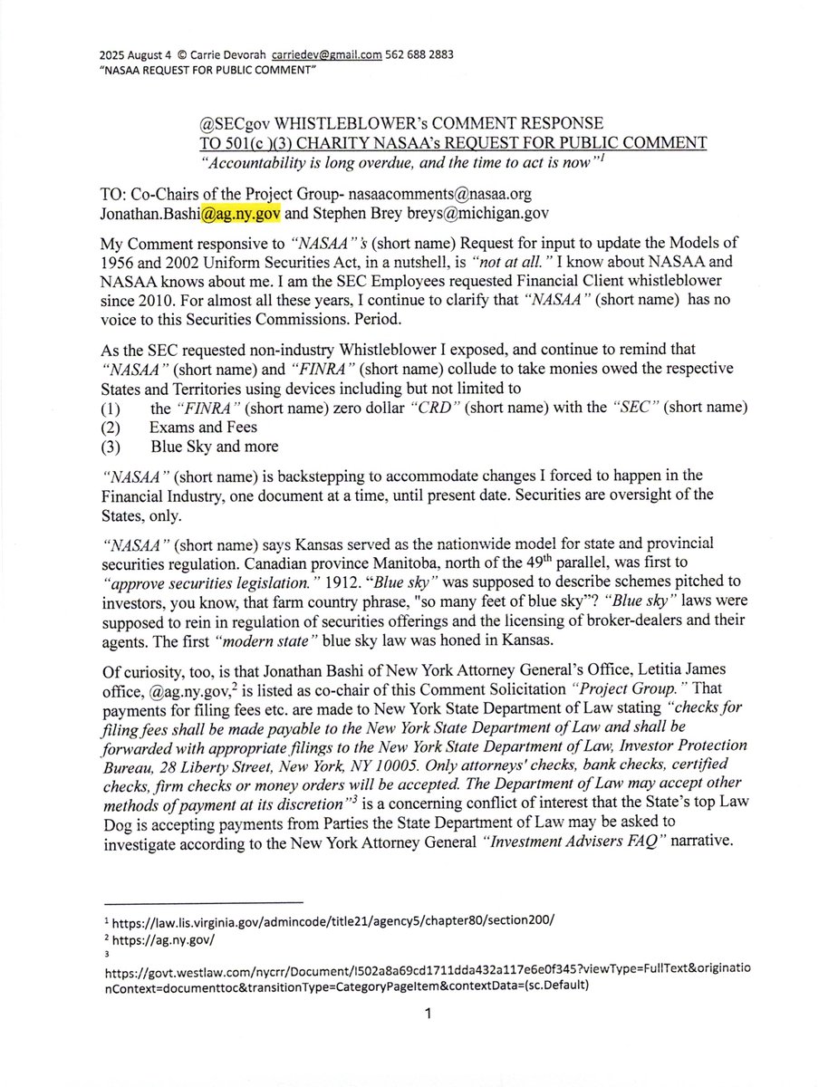 CarrieDevorah18's tweet image. I FILED MY @NASAA COMMENT🤓IT IS RECEIVED😅MY QUESTION IS WHY NY ATTORNEY GENERAL LETITIA JAMES OFFICE HAS A STAFFER ON THE #PROJECTGROUP😌THAT SAID BY NOW YOU KNOW I ALREADY HAVE AN ANSWER TO MY OWN QUESTION right Jamie.... #whistleblower