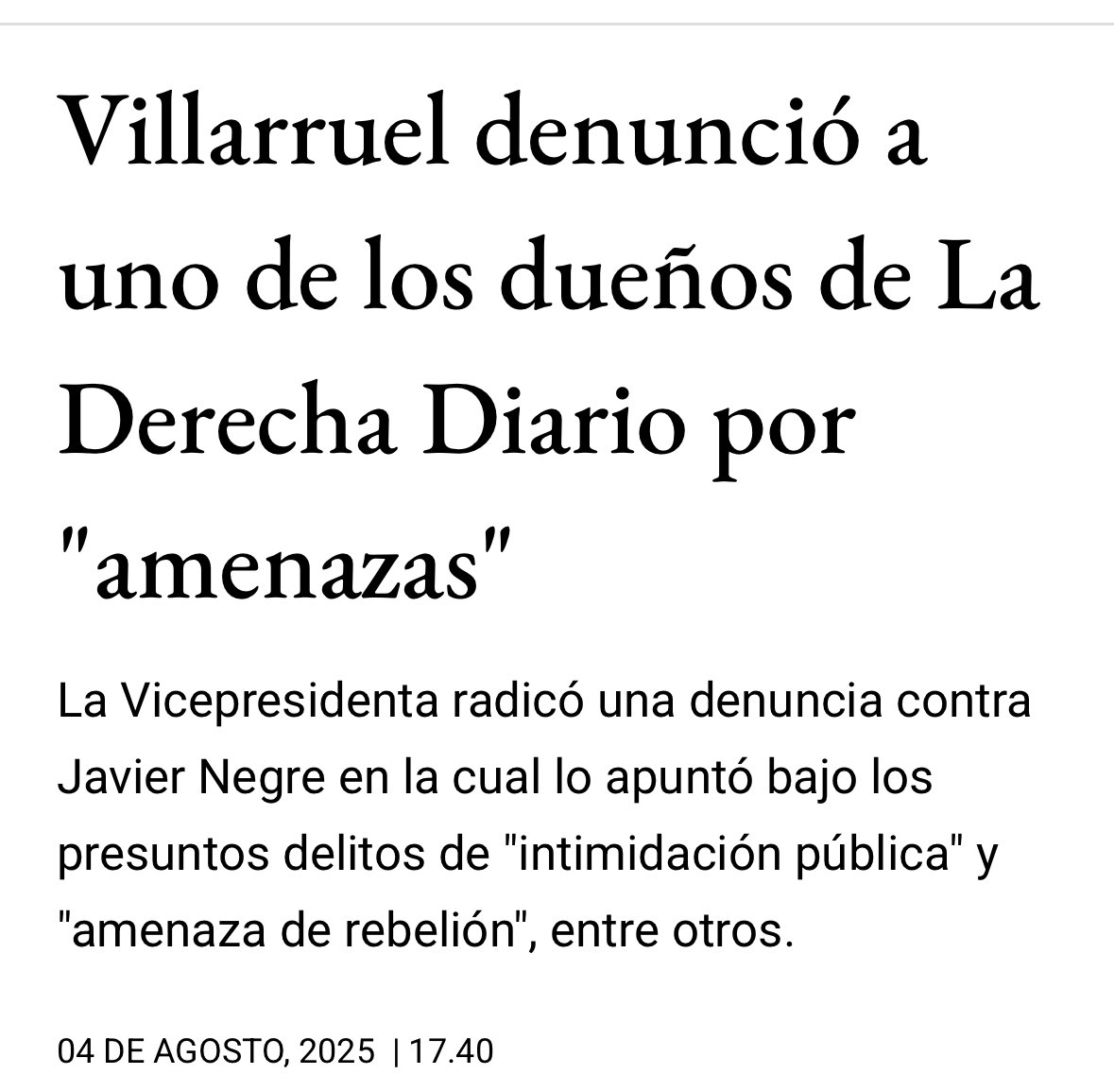 Claudio Venchiarutti (@cj_venchiarutti) on Twitter photo ⛔️| Difundir un supuesto “golpe de Estado” sin pruebas no es periodismo: es intimidación pública.
Javier Negre, con antecedentes por noticias falsas en España, vuelve a sembrar miedo en Argentina, con complicidad del gobierno, y amenazando a la Vicepresidente <a href="/VickyVillarruel/">Victoria Villarruel</a>
La ⛔️| Difundir un supuesto “golpe de Estado” sin pruebas no es periodismo: es intimidación pública.
Javier Negre, con antecedentes por noticias falsas en España, vuelve a sembrar miedo en Argentina, con complicidad del gobierno, y amenazando a la Vicepresidente <a href="/VickyVillarruel/">Victoria Villarruel</a>
La