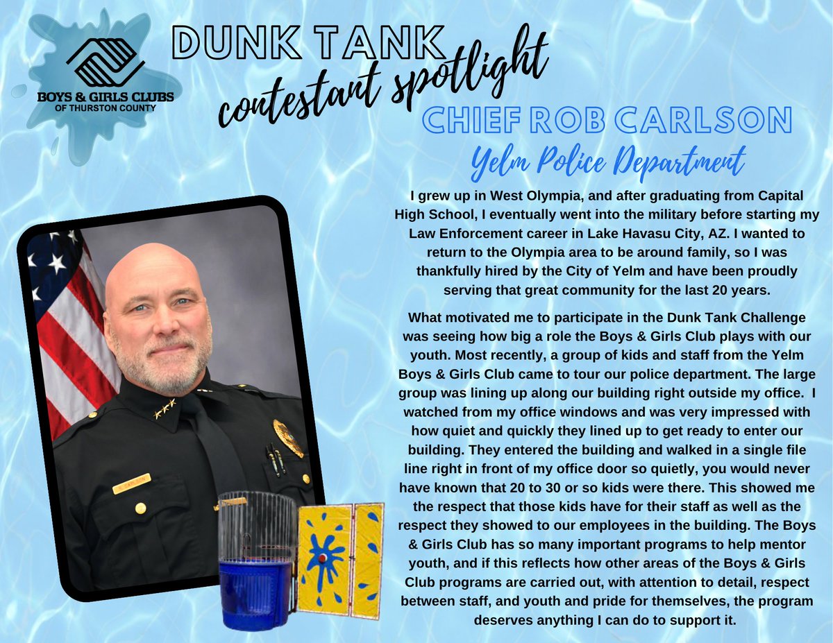 Get to know our Dunk Tank Challenge Contestants!  

Chief Jay Mason  vs. Chief Rob Carlson

To keep Chief Mason out of the dunk tank, donate to his campaign at justgiving.com/page/jaymason

To keep Chief Carlson out of the dunk tank, donate to his campaign at justgiving.com/page/robcarlson