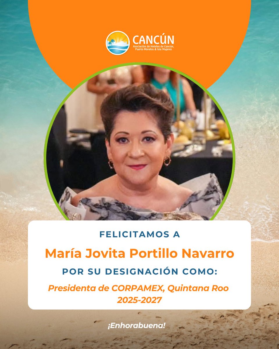 Felicitamos a María Jovita Portillo Navarro por su nombramiento como Presidenta del Consejo Directivo 2025–2027 de <a href="/CoparmexQRoo/">Coparmex Quintana Roo</a>.

🤝 Le deseamos el mayor de los éxitos en esta nueva etapa de liderazgo empresarial, confiando en que su visión y compromiso seguirán fortaleciendo al