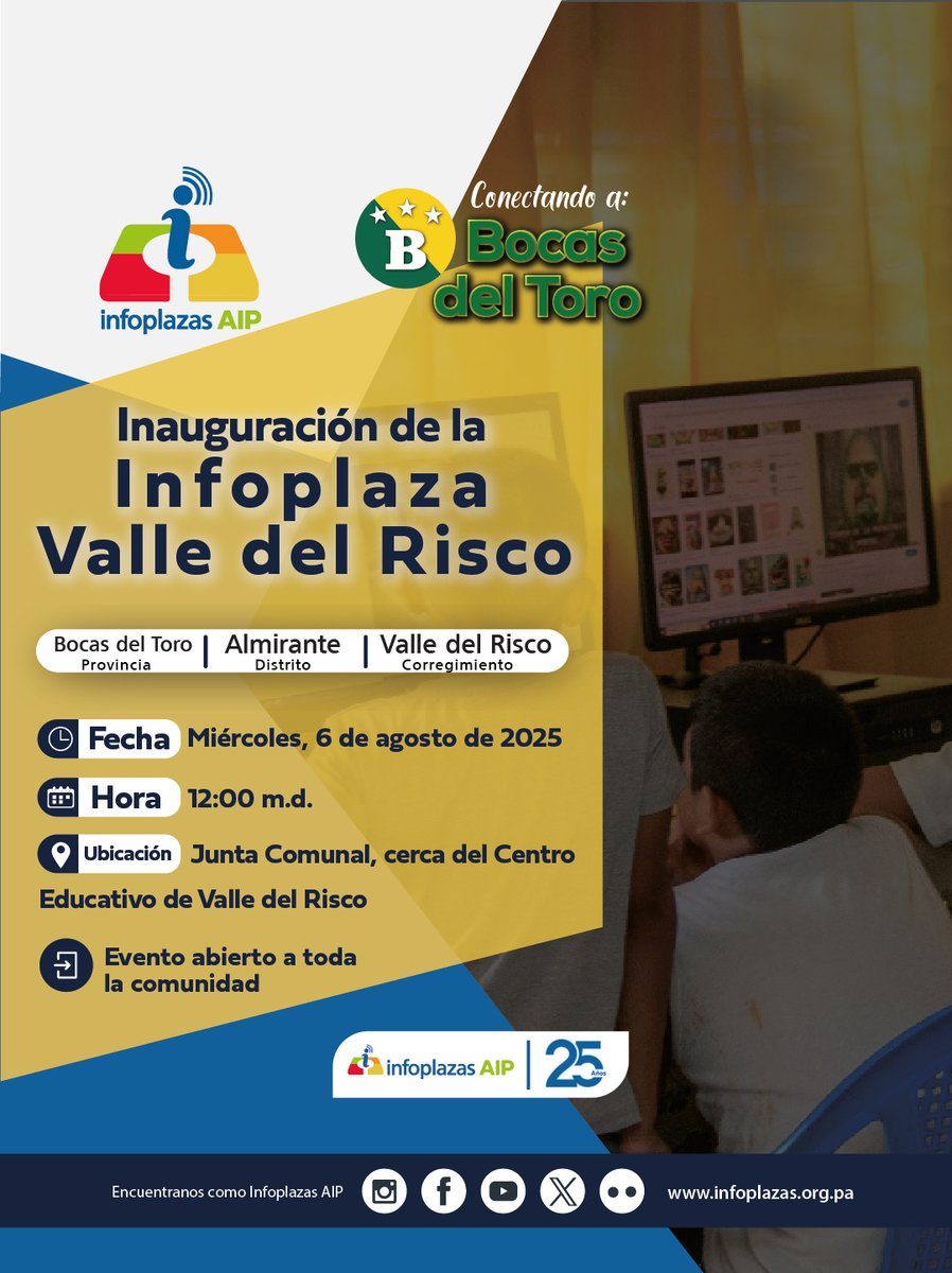El 6 ago | 12 m.d. inauguraremos la Infoplaza Valle del Risco (Bocas del Toro 📍 | Almirante | Valle del Risco).
Más de 4,386 habitantes abrirán la puerta a oportunidades digitales y formación para el trabajo del futuro 🌄💻🚀
#CerrandoLaBrechaDigital #AlfabetizaciónDigital