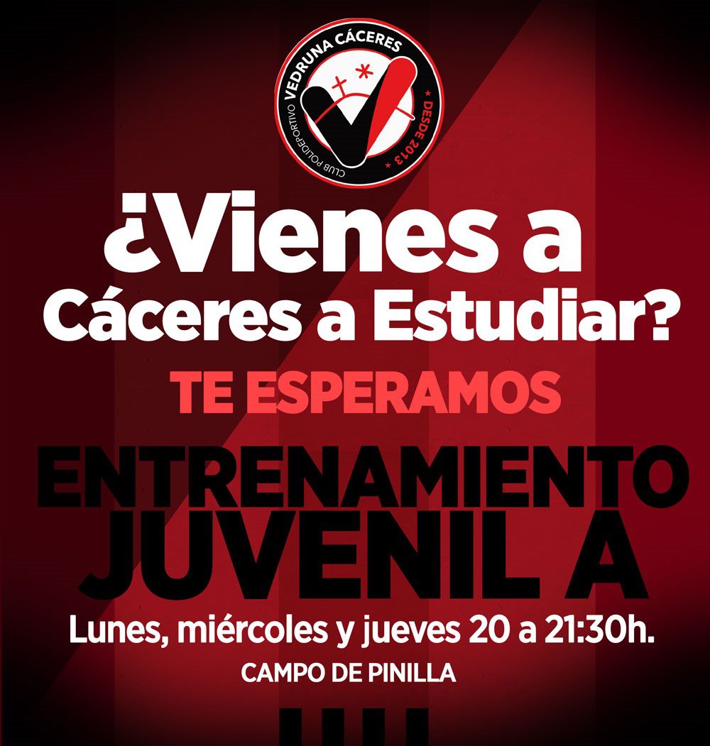 🎯 ¡VUELVE LA PASIÓN, VUELVE EL JUVENIL DEL VEDRUNA! 🔴⚫

📅 Inicio entrenamientos Juvenil | Temporada 2025-2026
📍 CAMPOS DE PINILLA 
⏰  (Miércoles 6 - Campo 4, Jueves 7 - Campo 3)
