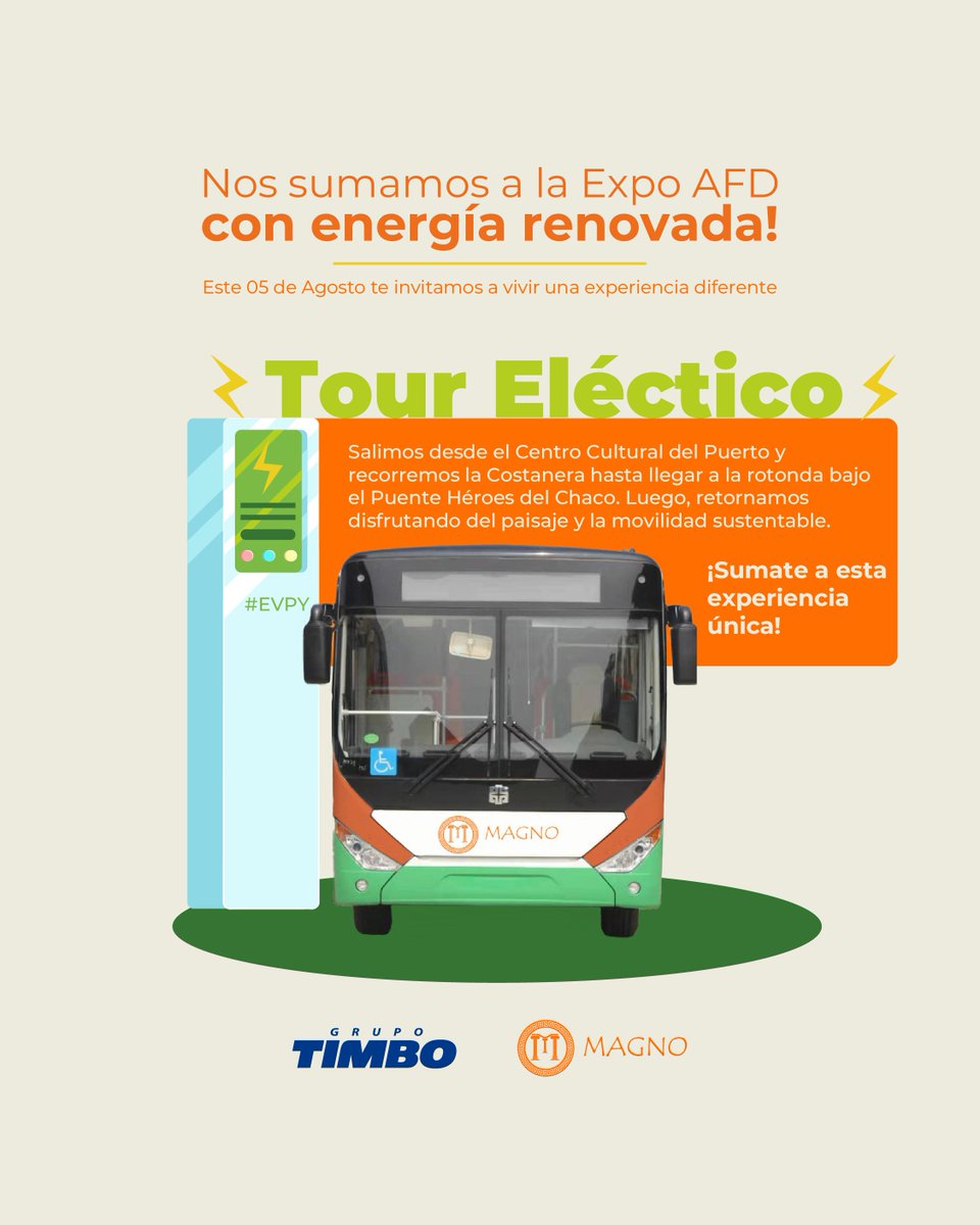 📅 ¿Cuándo? ¡Mañana, 5 de agosto!
🚀 ¿Dónde? En la Expo AFD  

¡Súmate a esta experiencia única con Magno y Grupo Timbo! 

#MovilidadSustentable #TourEléctrico #Magno #ExpoAFD #EnergíaRenovada #GrupoTimbo