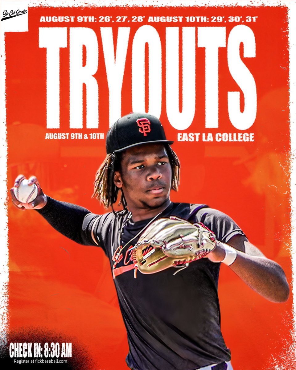 SoCal Giants FALL Tryouts(SUNDAYS in Sept/Oct)

@ EAST LA COLLEGE

Saturday August 9th(2026, 2027, 2028)
Sunday August 10th(2029, 2030, 2031)

Check-in @ 8:30AM(position players)
Pitcher only Check-in @ 11:30AM

Register at fickbaseball.com