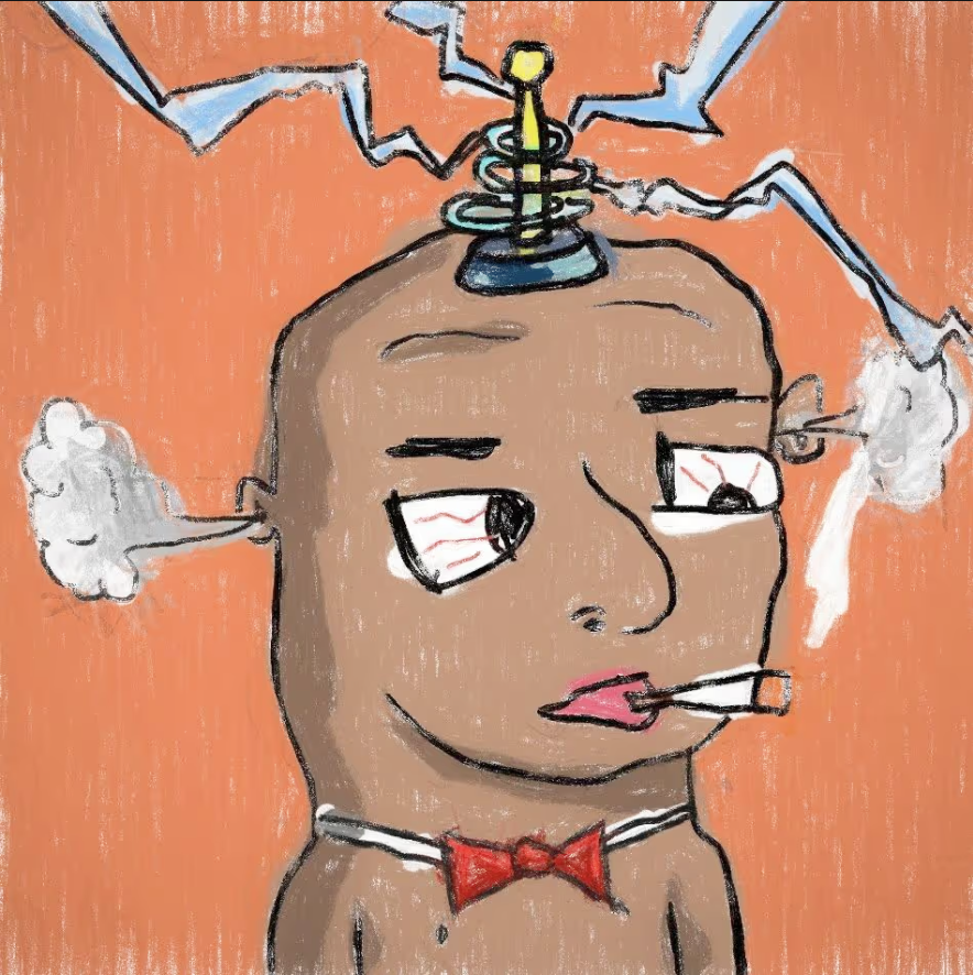 I had to grab this PFP from the <a href="/pabloslol/">𝖕𝖆𝖇𝖑𝖔𝖘.𝖑𝖔𝖑 🔥🫀🌈💦</a> floor. As an inventor, I love the Tesla reference as well as the toll the grind can take...