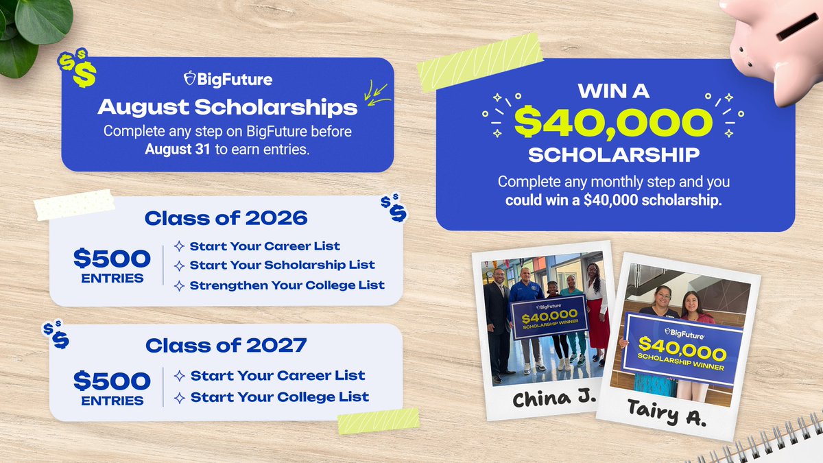 Educators: Rising juniors and seniors can earn chances to win $40,000 and $500 #scholarships 🎓 by completing steps on #BigFuture, including:

💼 Start Your Career List
📝 Start Your College List
💰 Start Your Scholarship List
🏫 Strengthen Your College List 

🔗