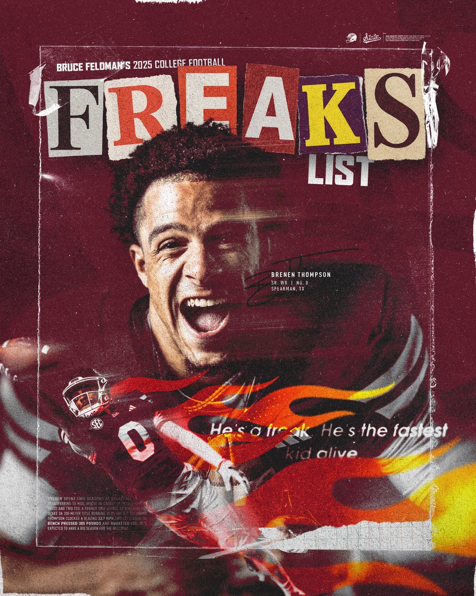Mississippi State Football (@hailstatefb) on Twitter photo ๐๐ฎ๐ข๐ฅ๐ญ ๐๐ข๐๐๐๐ซ๐๐ง๐ญ.
<a href="/BrenenThompson_/">Brenen Thompson</a> makes <a href="/BruceFeldmanCFB/">Bruce Feldman</a>โs 2025 Freaks List ๐ค
#HailState ๐๐ฎ๐ข๐ฅ๐ญ ๐๐ข๐๐๐๐ซ๐๐ง๐ญ.
<a href="/BrenenThompson_/">Brenen Thompson</a> makes <a href="/BruceFeldmanCFB/">Bruce Feldman</a>โs 2025 Freaks List ๐ค
#HailState