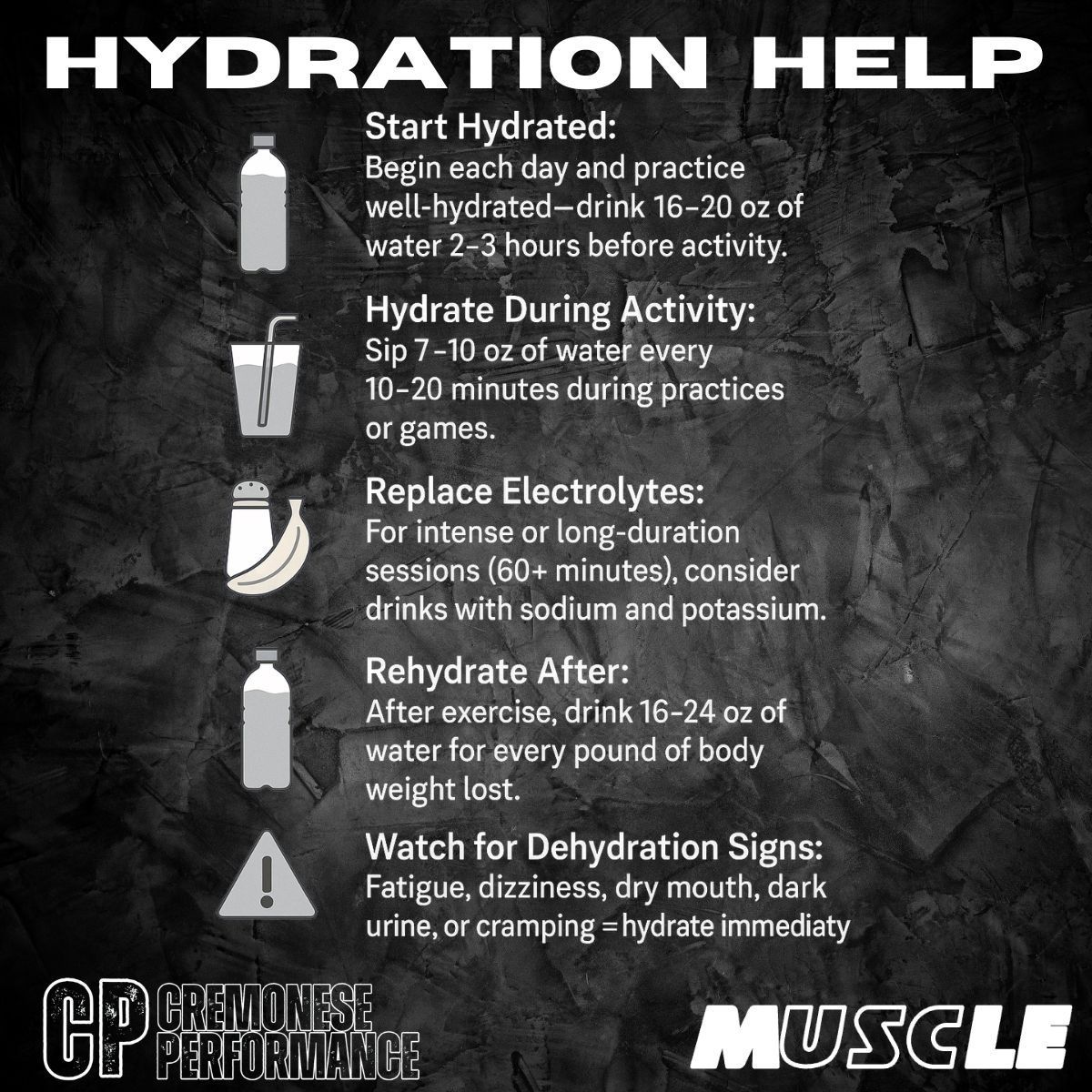 🏃💧 High School Hydration Basics:

Start hydrated (16–20 oz 2–3 hrs before)

Sip 7–10 oz every 10–20 min during activity

Use electrolyte drinks if over 60 mins

Rehydrate 16–24 oz per lb lost

Watch for signs: dark urine, cramps, dizziness