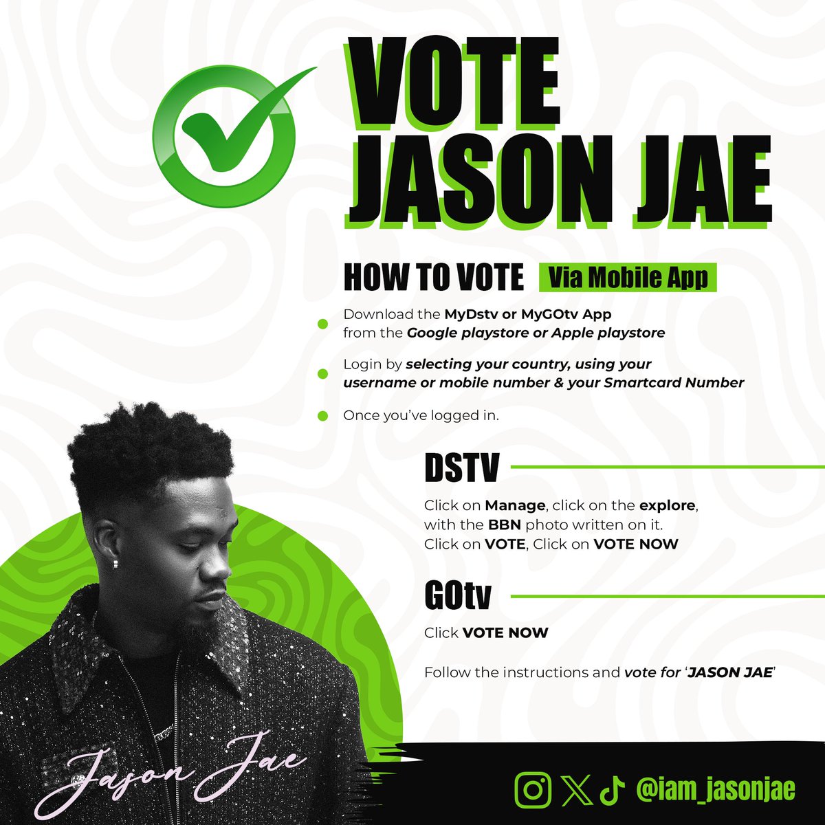 🚨 #JAEforce!! Voting lines are OPEN and it only takes 1 MIN to keep Jason Jae in the Biggie’s house! 🦾⚔️

📺 Here is a quick guide, follow the steps, and VOTE smart!
Let’s push our boy deeper into the game! 🙏🏽🔥
Vote here: africamagic.tv/bigbrother
#JasonJae #BBNaija 
#BBNaijaS10