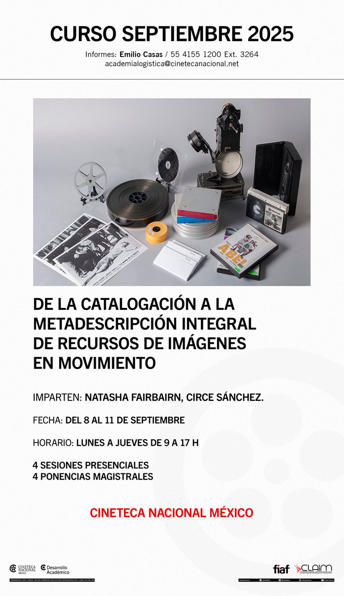 ¡Mejoremos y fortalezcamos los procesos que sostienen el recurso fílmico! 💿🎥

Cineteca Nacional México 🔴 abrirá el curso-taller DE LA CATALOGACIÓN A LA METADESCRIPCIÓN INTEGRAL DE RECURSOS DE IMÁGENES EN MOVIMIENTO, un espacio que busca abrir foros de encuentro, análisis y