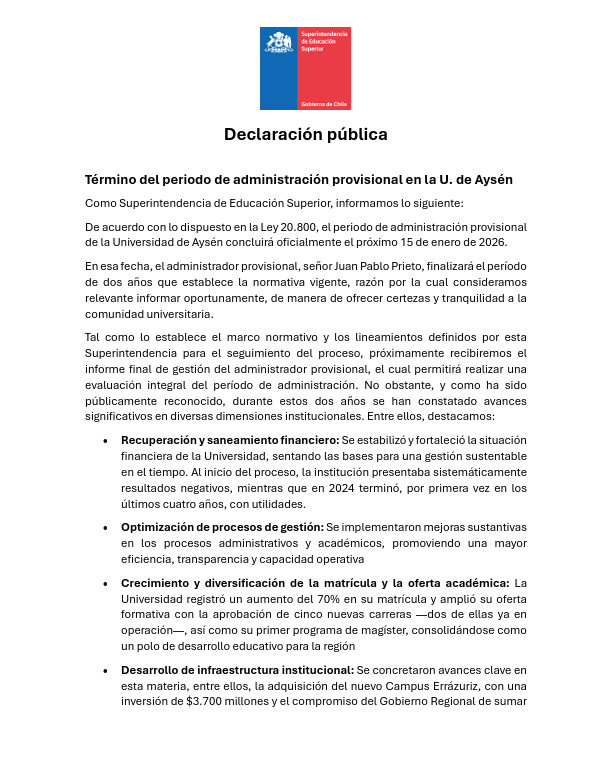SESuperiorChile's tweet photo. 🛑 Información importante respecto al período de administración provisional de la @UdeAysen. https://t.co/oeb5Myw1to