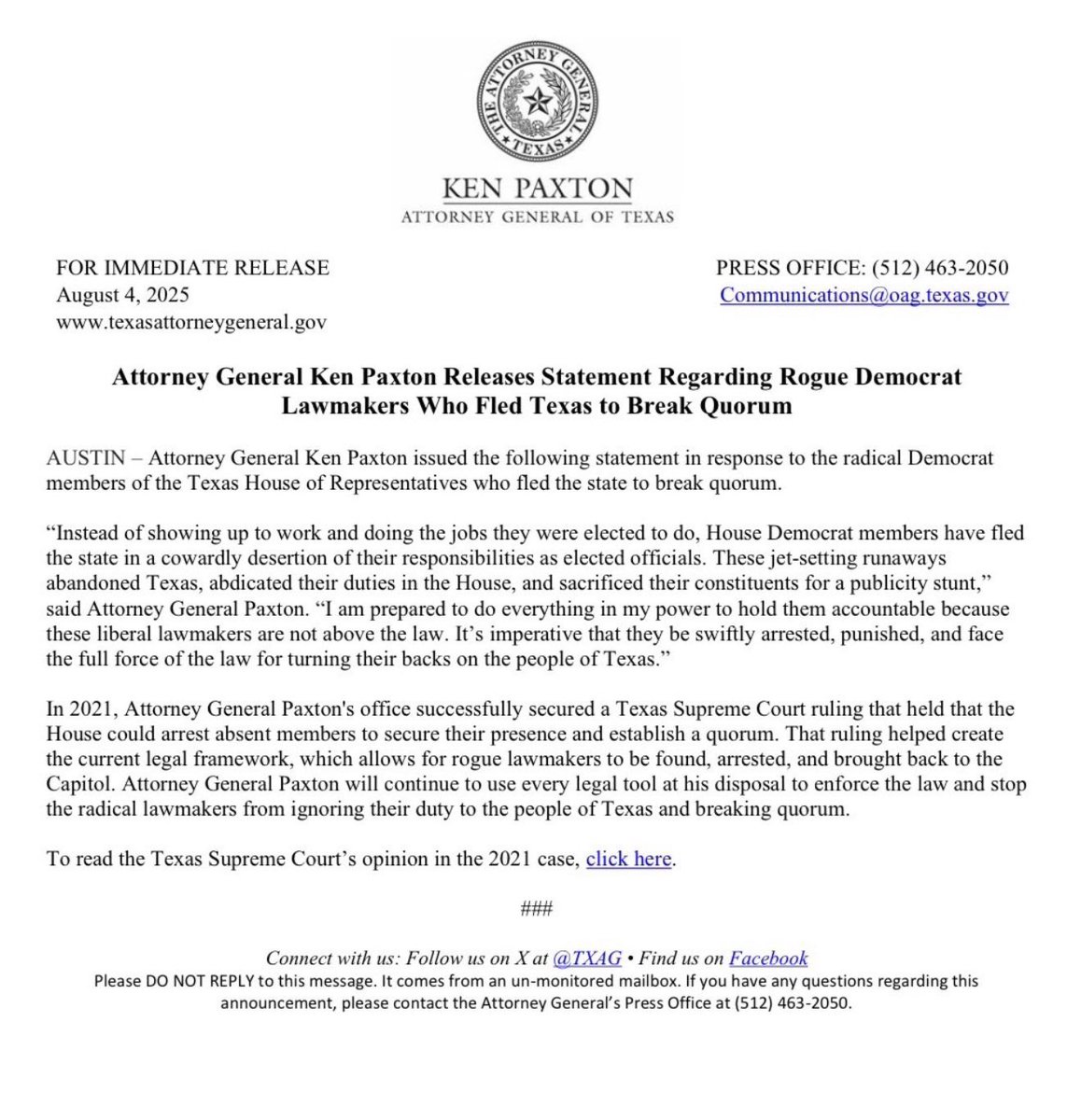 Laura Loomer (@lauraloomer) on Twitter photo BREAKING: Texas Attorney General Ken Paxton <a href="/KenPaxtonTX/">Attorney General Ken Paxton</a> and current GOP Senate candidate has called for the Democrat lawmakers who fled Texas to break a quorum to be “swiftly ARRESTED and PUNISHED, and face the full force of the law” now that arrest warrants have been issued. BREAKING: Texas Attorney General Ken Paxton <a href="/KenPaxtonTX/">Attorney General Ken Paxton</a> and current GOP Senate candidate has called for the Democrat lawmakers who fled Texas to break a quorum to be “swiftly ARRESTED and PUNISHED, and face the full force of the law” now that arrest warrants have been issued.