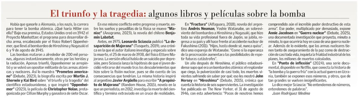 J_Rodriguez_Eme's tweet image. La semana antepasada entrevisté a Paz López @PazLopC sobre Pánico y ternura, @penguinlibroscl: &quot;Esta es una época demasiado segura de sí misma&quot;. Y esta semana escribí un recuadro con libros y películas a propósito de los 80 años de las bombas atómicas contra Hiroshima y Nagasaki.