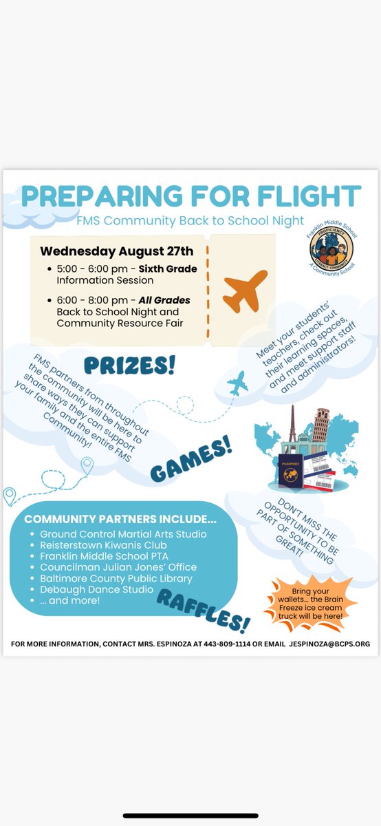 If your student will be attending <a href="/FMS_BCPS/">Franklin Middle BCPS</a> in the fall, please join us for our incredible Back-to-School Night and Community Resource Fair on August 27! See the flyer or contact jespinoza@bcps.org for more information! <a href="/SchifferB/">Brian Schiffer</a>