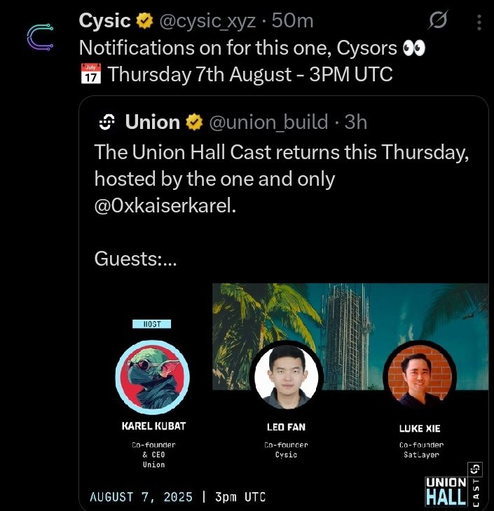Not to get too excited, <a href="/cysic_janitor/">Cysic Janitor | 我不会中文</a> is this post a quiet signal that <a href="/cysic_xyz/">Cysic</a> and <a href="/union_build/">Union</a> might be cooking something together? 

Because if they are, this might be one of the sharpest plays in the ZK x cross-chain space. Here's why it will be a dream come true:

🔹Union