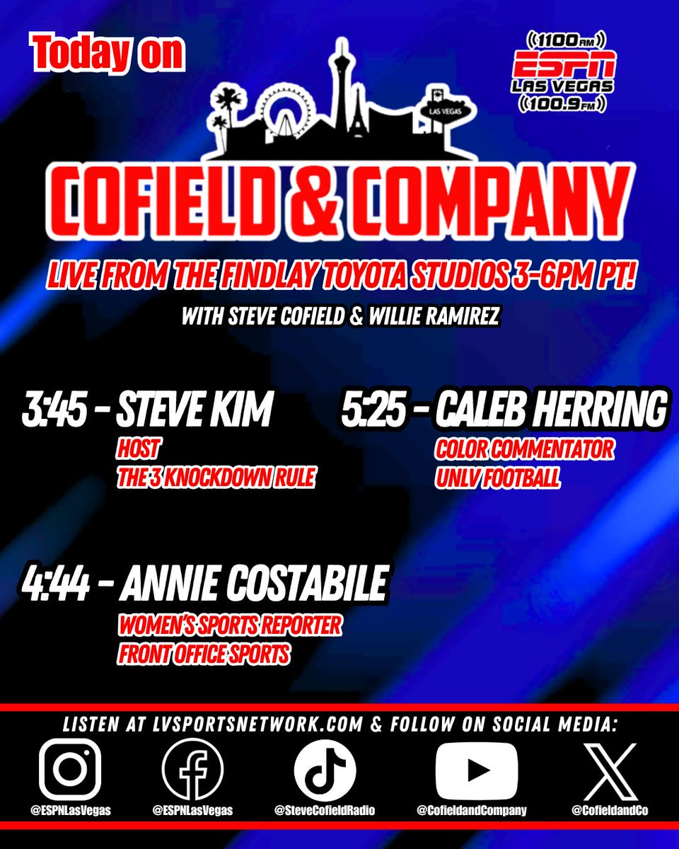 ESPN 1100/100.9 FM (@espnlasvegas) on Twitter photo Get your week started strong with <a href="/cofieldandco/">Cofield & Company</a> with <a href="/stevecofield/">COFIELD</a>, <a href="/WillieGRamirez/">WillieGRamireZ</a>, & <a href="/Griffinkemp51/">Griffin Kemp</a> live from 3-6pm PT!
π»: 1100 AM / 100.9 FM
π±: Text the show at 702-364-1100
π»: Stream live at LVSportsNetwork.com Get your week started strong with <a href="/cofieldandco/">Cofield & Company</a> with <a href="/stevecofield/">COFIELD</a>, <a href="/WillieGRamirez/">WillieGRamireZ</a>, & <a href="/Griffinkemp51/">Griffin Kemp</a> live from 3-6pm PT!
π»: 1100 AM / 100.9 FM
π±: Text the show at 702-364-1100
π»: Stream live at LVSportsNetwork.com