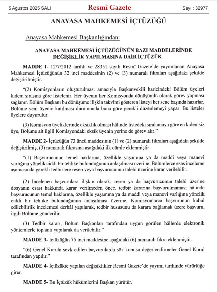 Anayasa Mahkemesi İçtüzüğünde değişiklik yapıldı.