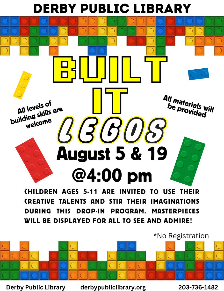 Children ages 5-11 are invited to use their creative talents and stir their imaginations during this drop-in program (no registration). Masterpieces will be displayed for all to see and admire!  All levels of building skills are welcome! All materials will be provided.