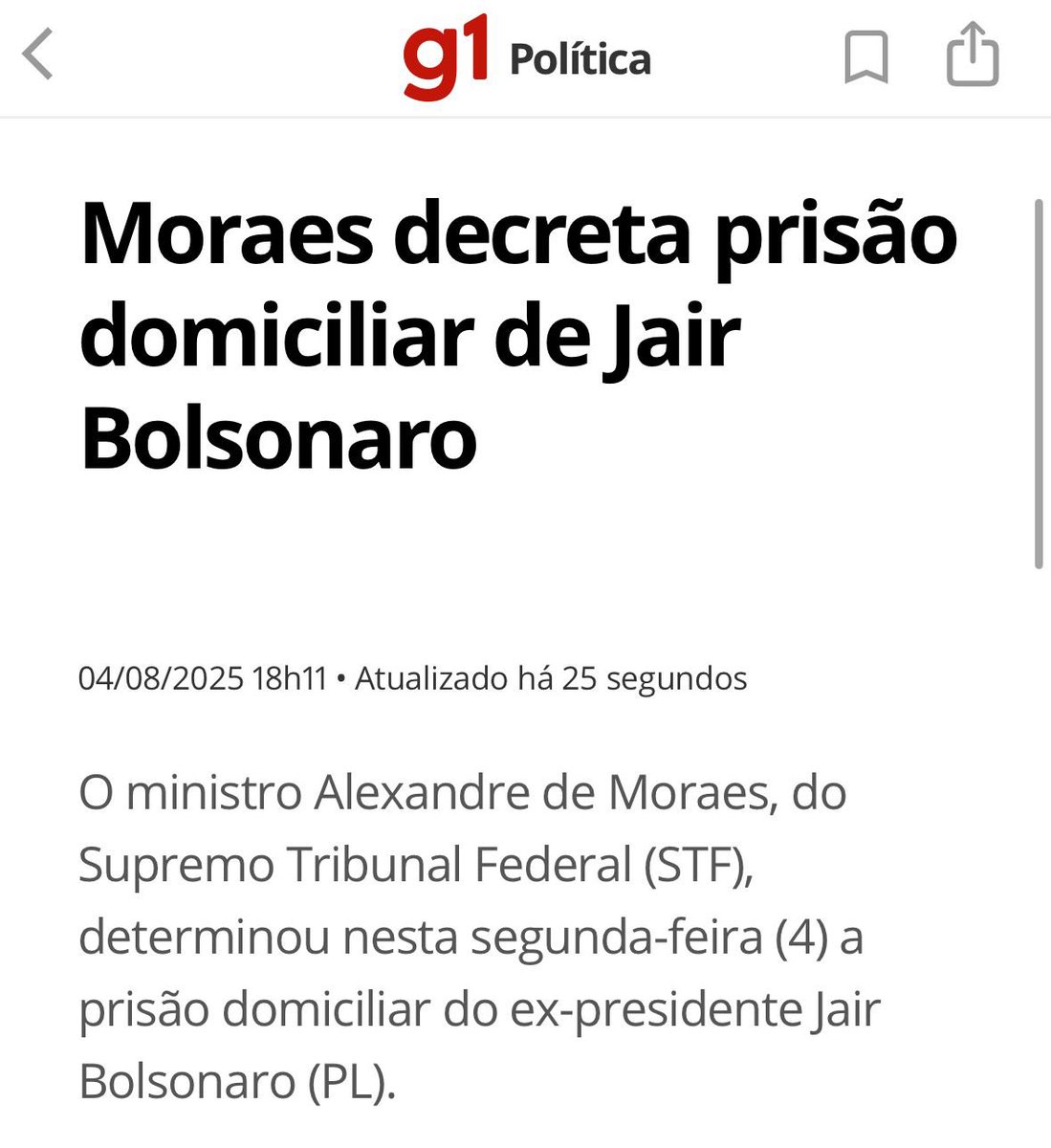 🚨 URGENTE: BOLSONARO PRESO! 

Moraes decreta prisão domiciliar de Jair Bolsonaro.
A história cobra. A democracia resiste. E quem atentou contra ela começa a pagar!