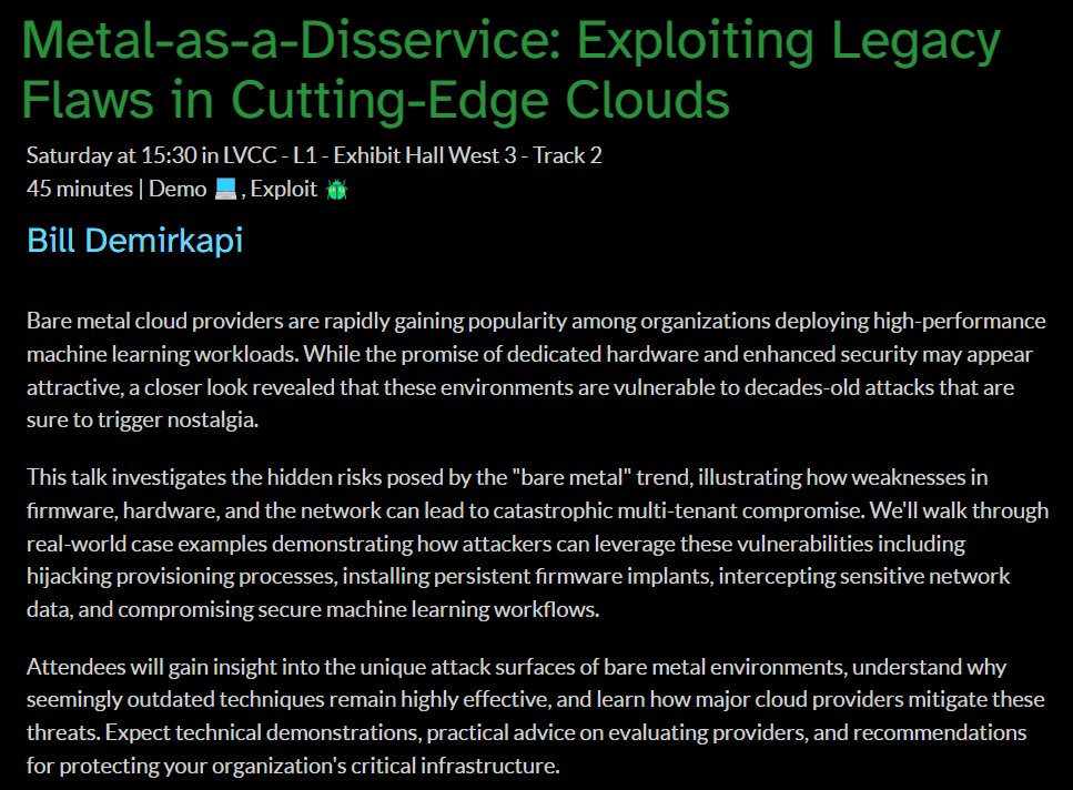 BillDemirkapi's tweet image. attending DEF CON? be sure to stop by my talk on Saturday in Track 2. discussing the cascade of legacy vulnerabilities I found in the wave of new AI-oriented cloud providers. if you rent GPUs you will definitely want to attend :)