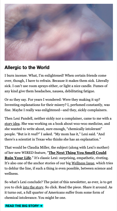 Grateful to my wonderful editor Jason for a lot, but in particular for his kind words about my feature on chemical intolerance in <a href="/WIRED/">WIRED</a>'s The Big Story newsletter.

Read the piece here: wired.com/story/multiple…