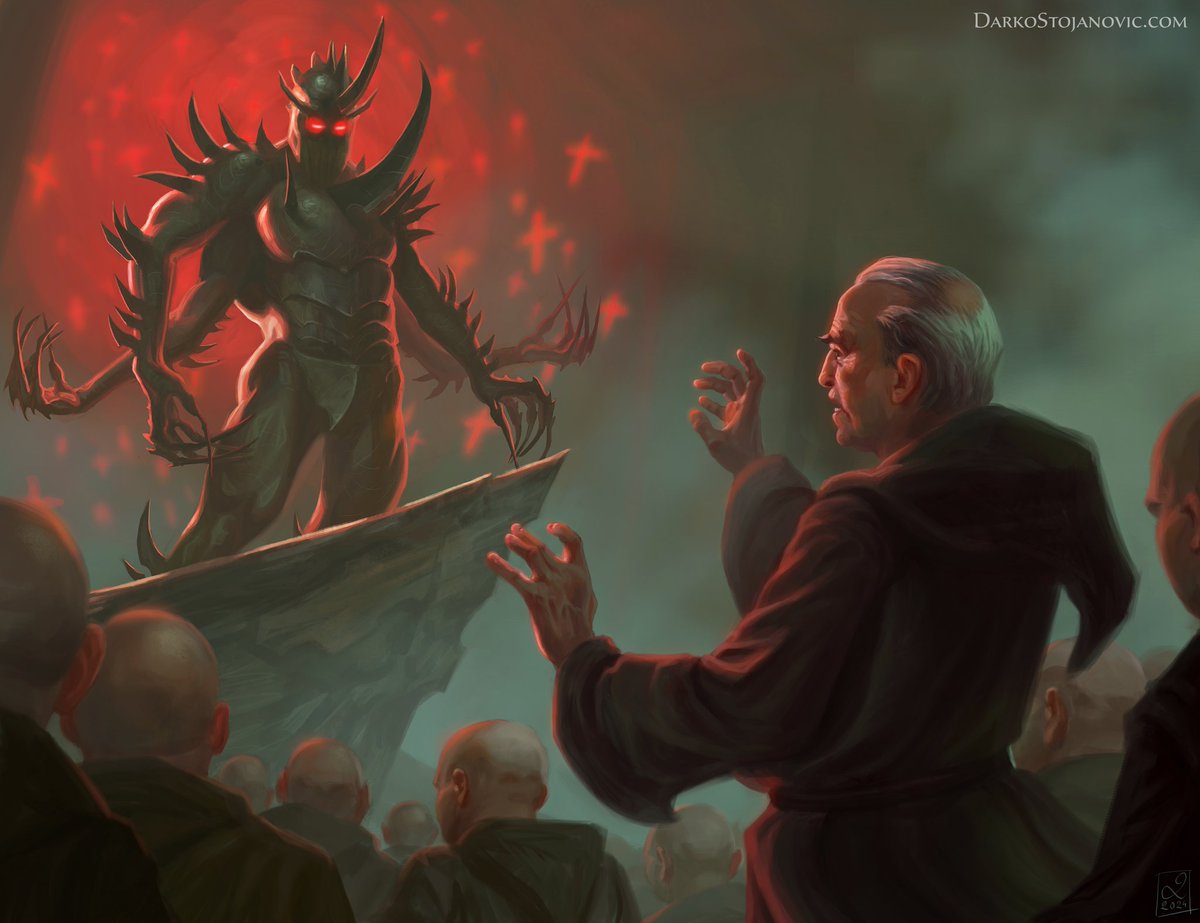 DarkoS_Art's tweet image. Last year I got hired to paint an endpaper for Hyperion by Dan Simmons. &quot;The Priest&apos;s Tale - The man who cried God&quot;. Father Paul Duré facing Shrike.

A tale about AI trying to mimic religion to enslave humans. Very telling in the current age.

#hyperion #illustration
#SF