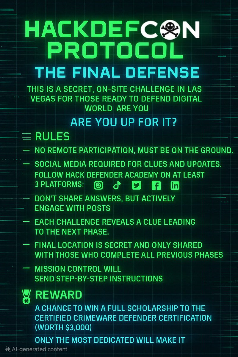 Hack Defender (@hackdef) on Twitter photo 🎯 Our official DEFCON challenge is here!
Solve every phase and win 1 of 10 full scholarships to our Certified Crimeware Defender cert ($3,000 value)
From Aug-06 to Aug-09
📲 <a href="/hackdef/">Hack Defender</a>_official and @hackdef for updates
#HackDefCon #DEFCON33 #LasVegas #Cybersecurity 🎯 Our official DEFCON challenge is here!
Solve every phase and win 1 of 10 full scholarships to our Certified Crimeware Defender cert ($3,000 value)
From Aug-06 to Aug-09
📲 <a href="/hackdef/">Hack Defender</a>_official and @hackdef for updates
#HackDefCon #DEFCON33 #LasVegas #Cybersecurity
