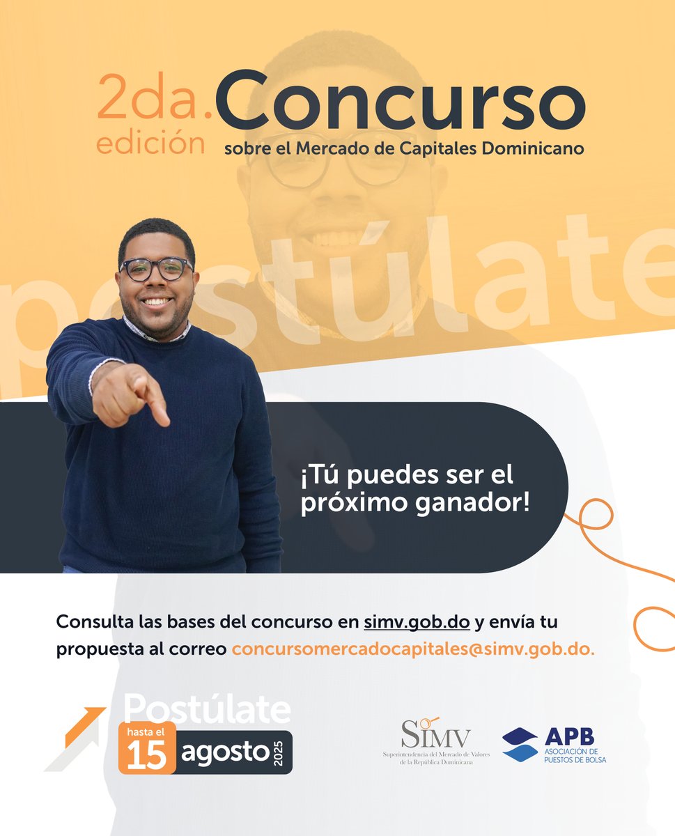 Superintendencia del Mercado de Valores (@simvrdo) on Twitter photo ¡Atención mentes creativas, investigadoras e innovadoras!
El plazo vence hoy a las 12:00 de la noche.
Envía tu propuesta a: concursomercadocapitales@simv.gob.do y participa para ganar más de DOP 1,000,000 en premios.
#ConcursodelMercadodeCapitales #SIMV #APB ¡Atención mentes creativas, investigadoras e innovadoras!
El plazo vence hoy a las 12:00 de la noche.
Envía tu propuesta a: concursomercadocapitales@simv.gob.do y participa para ganar más de DOP 1,000,000 en premios.
#ConcursodelMercadodeCapitales #SIMV #APB