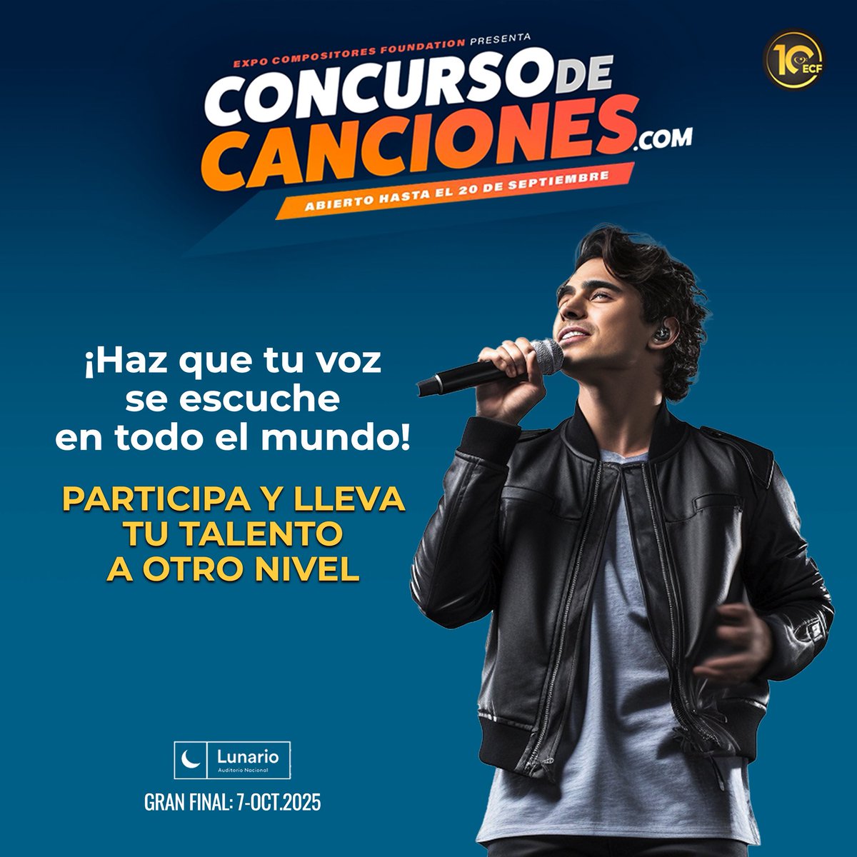 ¿Y si este año tú eres el o la ganadora?🎤
El concurso de canciones reconoce a quienes crean desde el corazón.

📥 ¡Aún estás a tiempo de inscribirte!
Tienes hasta el 20 de septiembre para registrar tu tema.

concursodecanciones.com

#hogardelcompositor #ExpoCompositores