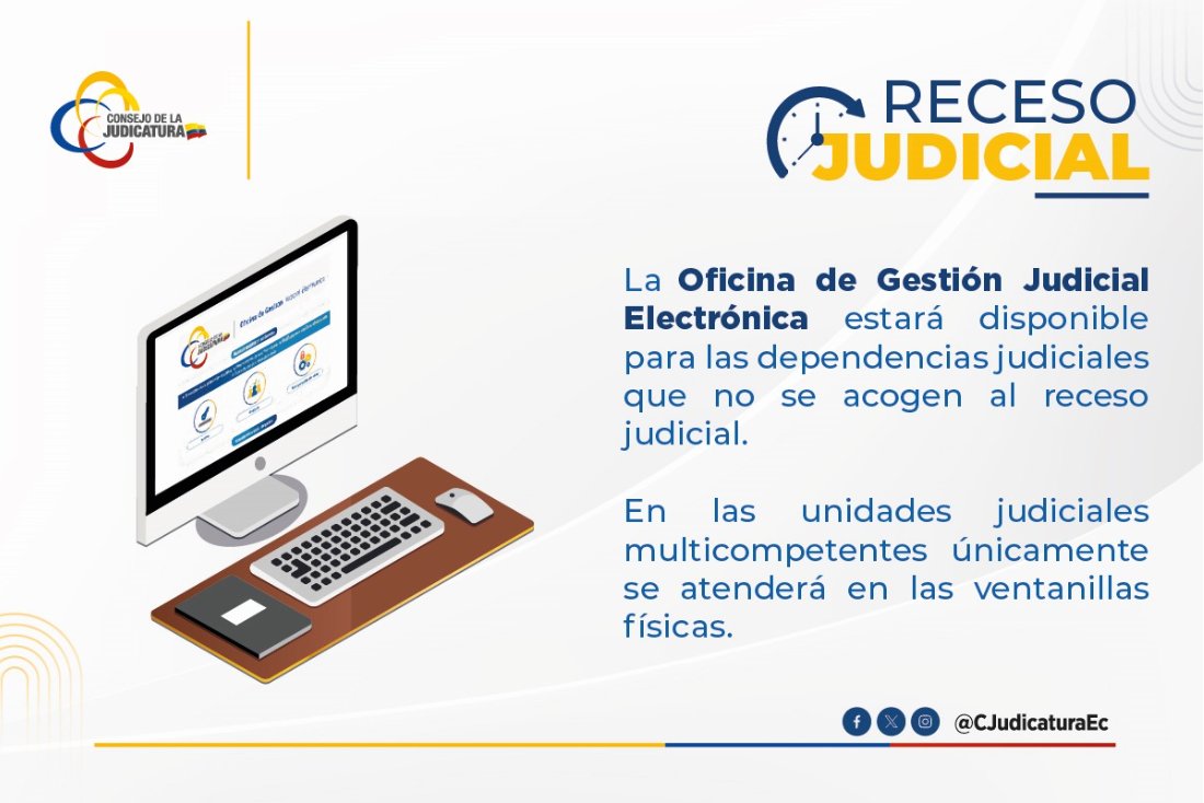 #RecesoJudicial | Recuerda que la Oficina de Gestión Judicial Electrónica sigue habilitada para la recepción de escritos correspondientes a las materias que no se acogen al receso judicial.
#JusticiaResponsable