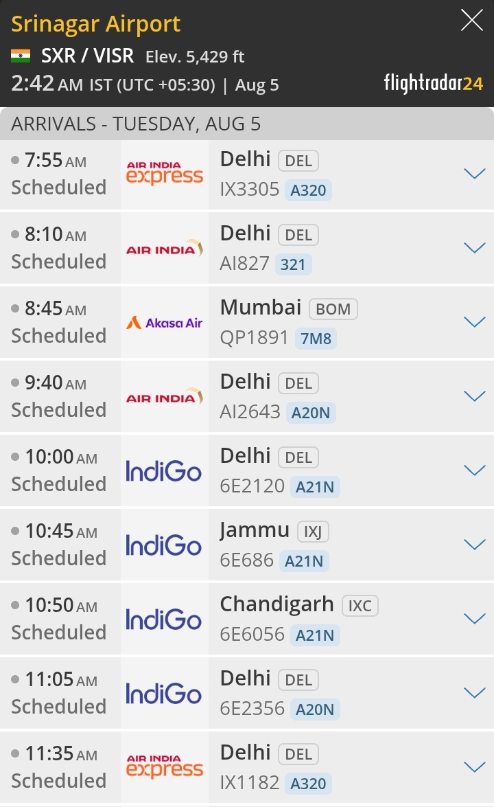 All flights are on time in Srinagar Airport as of 2.42 AM Indian Standard Time. Via Flight Radar.