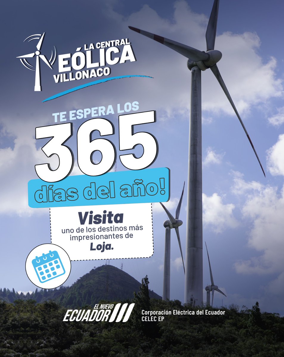 CELECEPOficial's tweet photo. ¡La Central Eólica Villonaco te espera los 365 días del año!

Vive una experiencia inolvidable.

🍃Recorre los gigantes del viento.
🏞️Disfruta paisajes únicos.
⚡Aprende sobre energía renovable.

📌Agenda tu visita: https://t.co/vhZ6S0oUD9

#ElNuevoEcuador https://t.co/I6ecajinIN